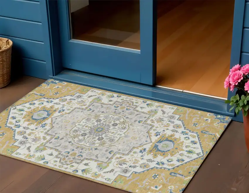 Gold Ivory And Blue Oriental Washable Indoor Outdoor Area Rug Photo 1