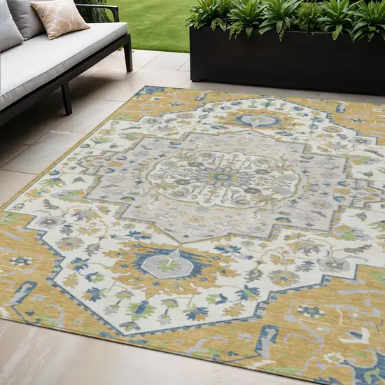 Gold Ivory And Blue Oriental Washable Indoor Outdoor Area Rug Photo 1