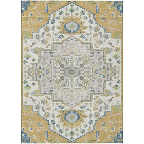 Gold Ivory And Blue Oriental Washable Indoor Outdoor Area Rug Photo 2