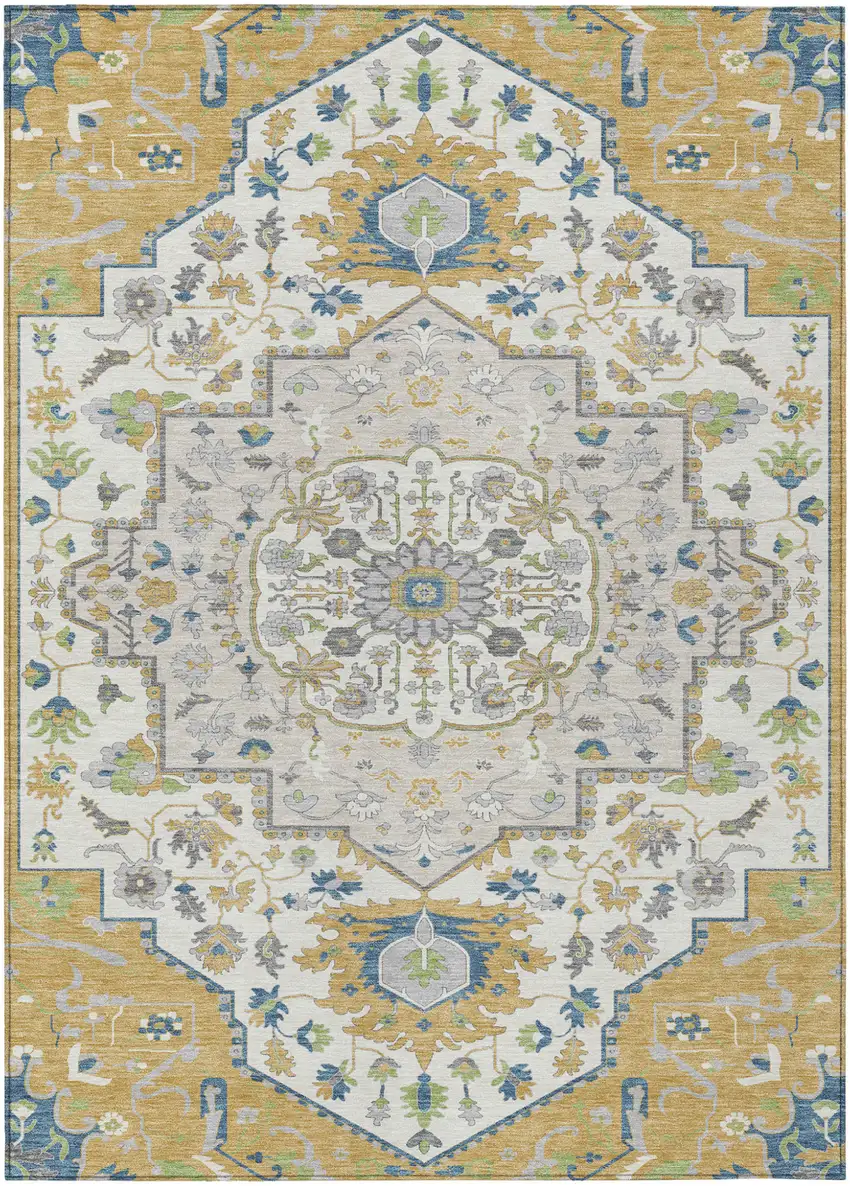 Gold Ivory And Blue Oriental Washable Indoor Outdoor Area Rug Photo 2