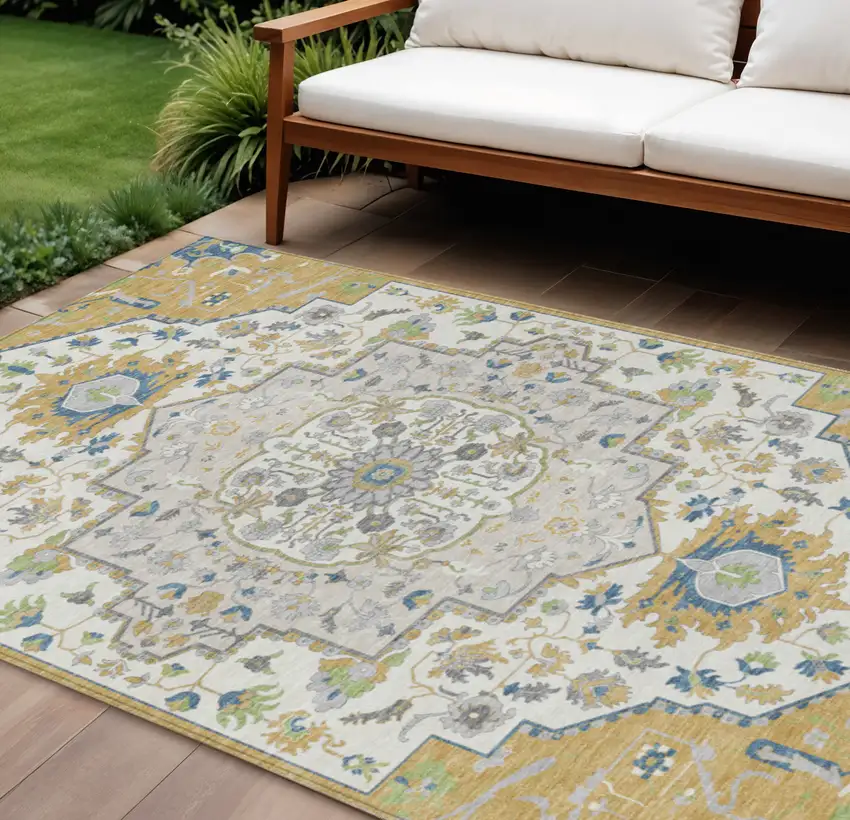 Gold Ivory And Blue Oriental Washable Indoor Outdoor Area Rug Photo 1