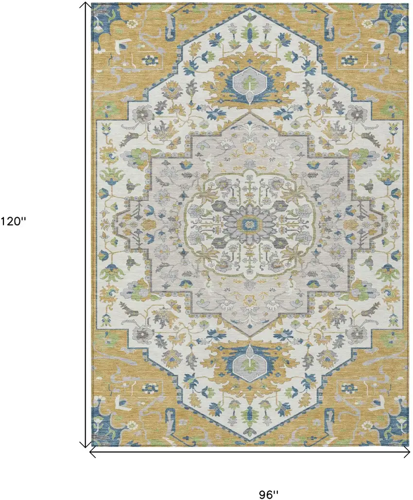 Gold Ivory And Blue Oriental Washable Indoor Outdoor Area Rug Photo 3