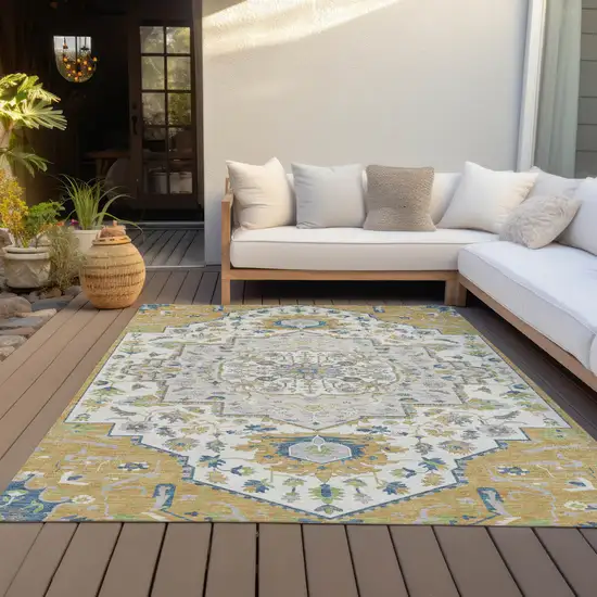 Gold Ivory And Blue Oriental Washable Indoor Outdoor Area Rug Photo 8
