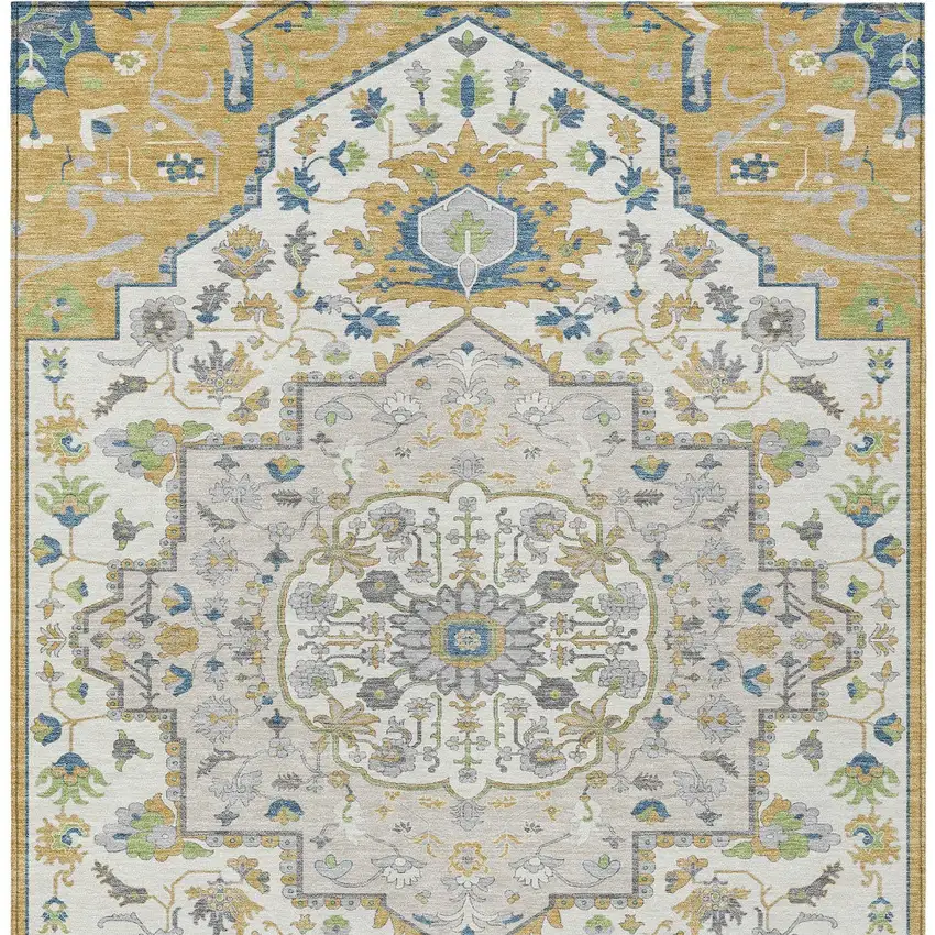 Gold Ivory And Blue Oriental Washable Indoor Outdoor Area Rug Photo 6
