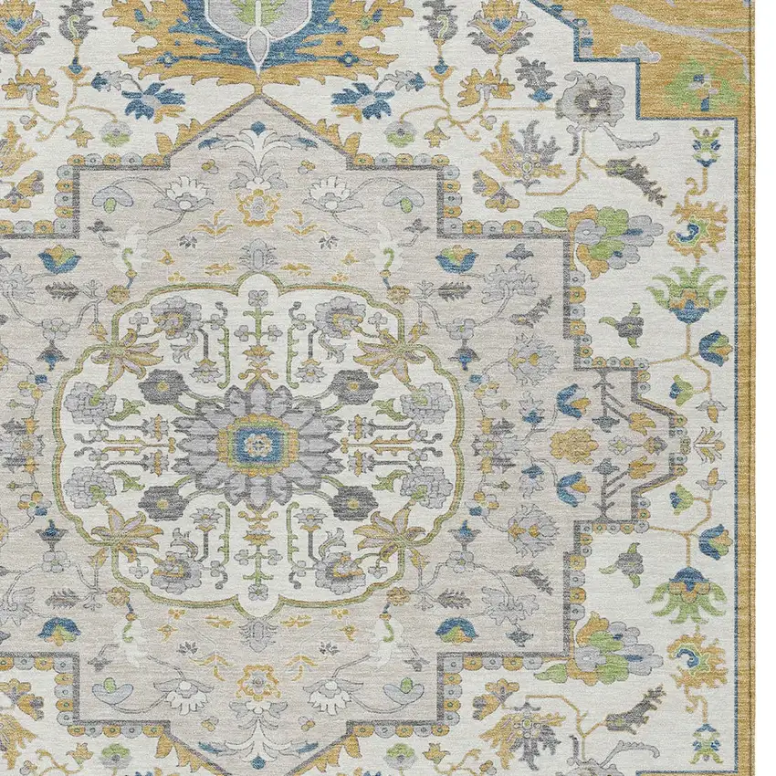 Gold Ivory And Blue Oriental Washable Indoor Outdoor Area Rug Photo 5