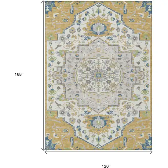 Gold Ivory And Blue Oriental Washable Indoor Outdoor Area Rug Photo 3