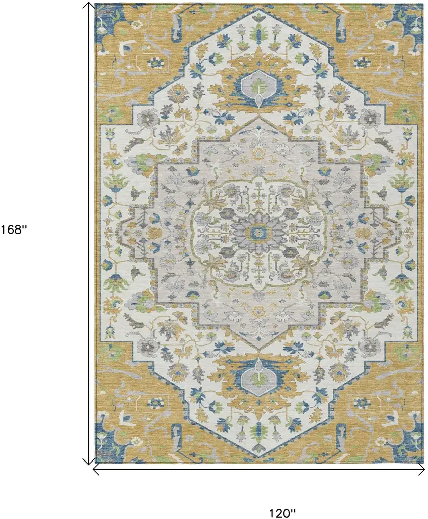 Gold Ivory And Blue Oriental Washable Indoor Outdoor Area Rug Photo 3
