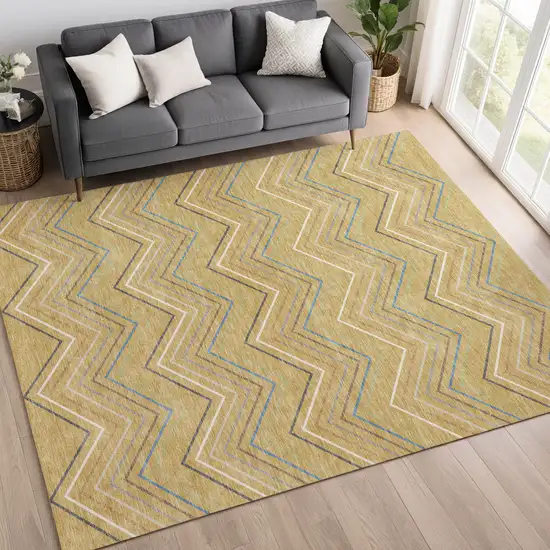 Gold Ivory And Blue Striped Washable Indoor Outdoor Area Rug Photo 3