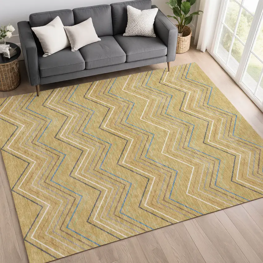 Gold Ivory And Blue Striped Washable Indoor Outdoor Area Rug Photo 3