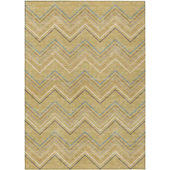 Gold Ivory And Blue Striped Washable Indoor Outdoor Area Rug Photo 8