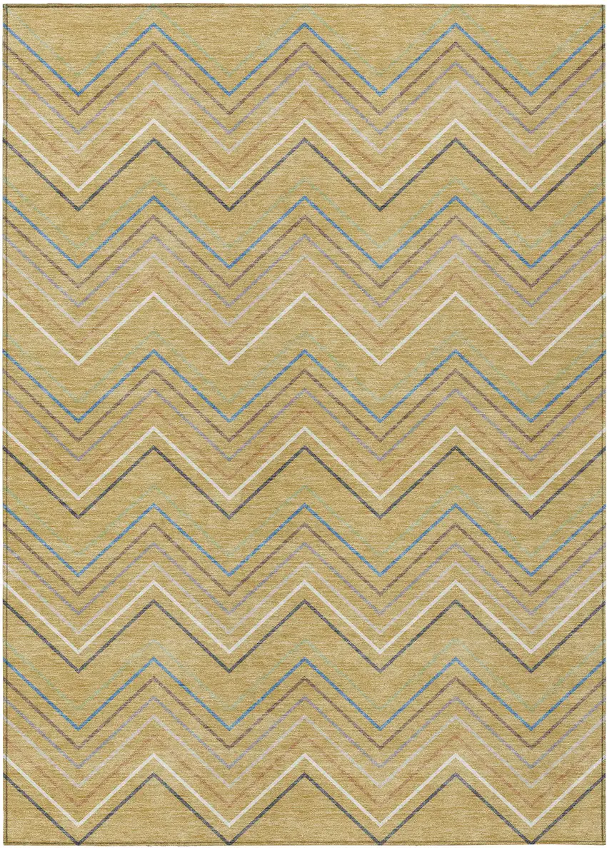 Gold Ivory And Blue Striped Washable Indoor Outdoor Area Rug Photo 8