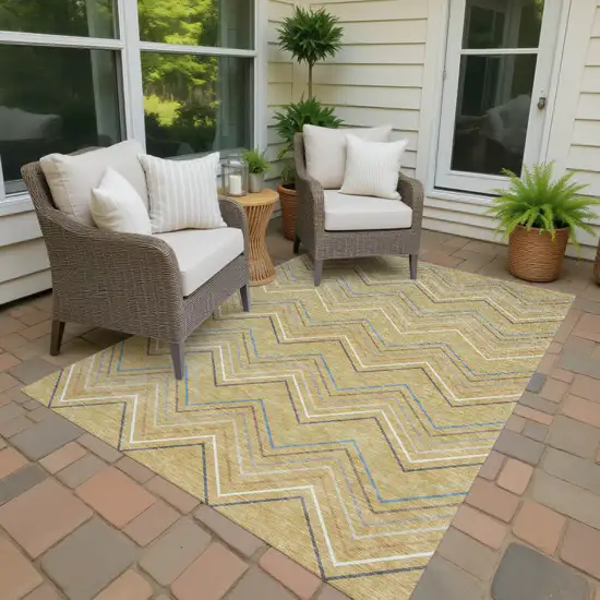 Gold Ivory And Blue Striped Washable Indoor Outdoor Area Rug Photo 2