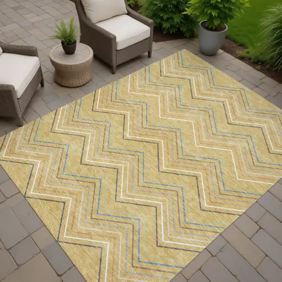 Gold Ivory And Blue Striped Washable Indoor Outdoor Area Rug Photo 6