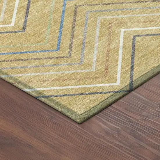 Gold Ivory And Blue Striped Washable Indoor Outdoor Area Rug Photo 5