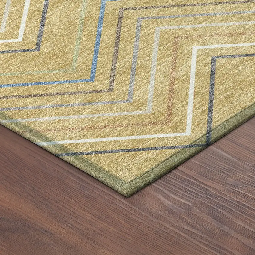 Gold Ivory And Blue Striped Washable Indoor Outdoor Area Rug Photo 5