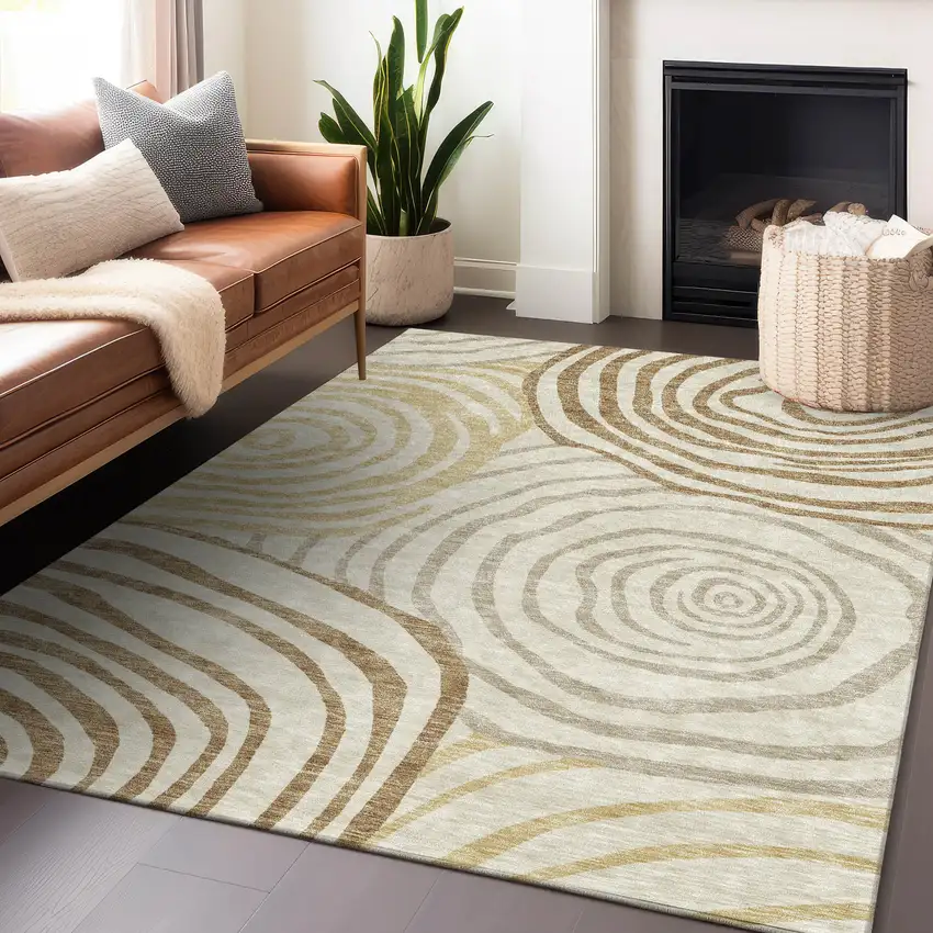 Gold Ivory And Brown Abstract Washable Area Rug With UV Protection Photo 5