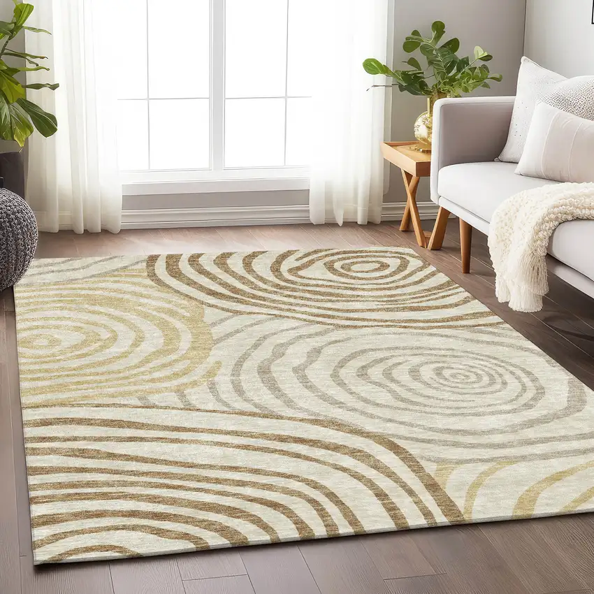 Gold Ivory And Brown Abstract Washable Area Rug With UV Protection Photo 4