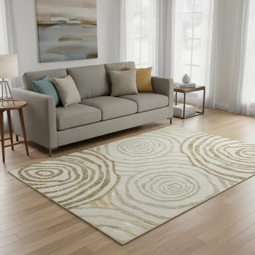 Gold Ivory And Brown Abstract Washable Area Rug With UV Protection Photo 2