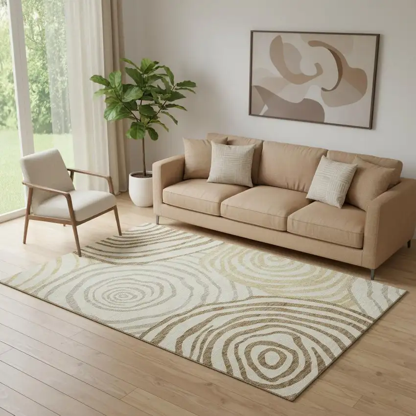 Gold Ivory And Brown Abstract Washable Area Rug With UV Protection Photo 1