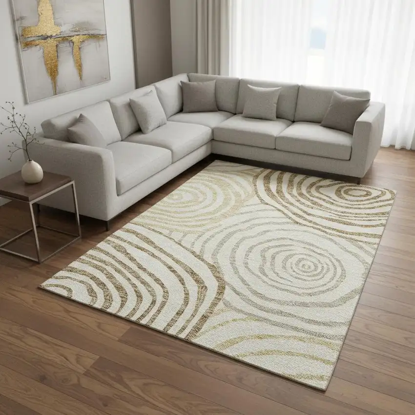 Gold Ivory And Brown Abstract Washable Area Rug With UV Protection Photo 2
