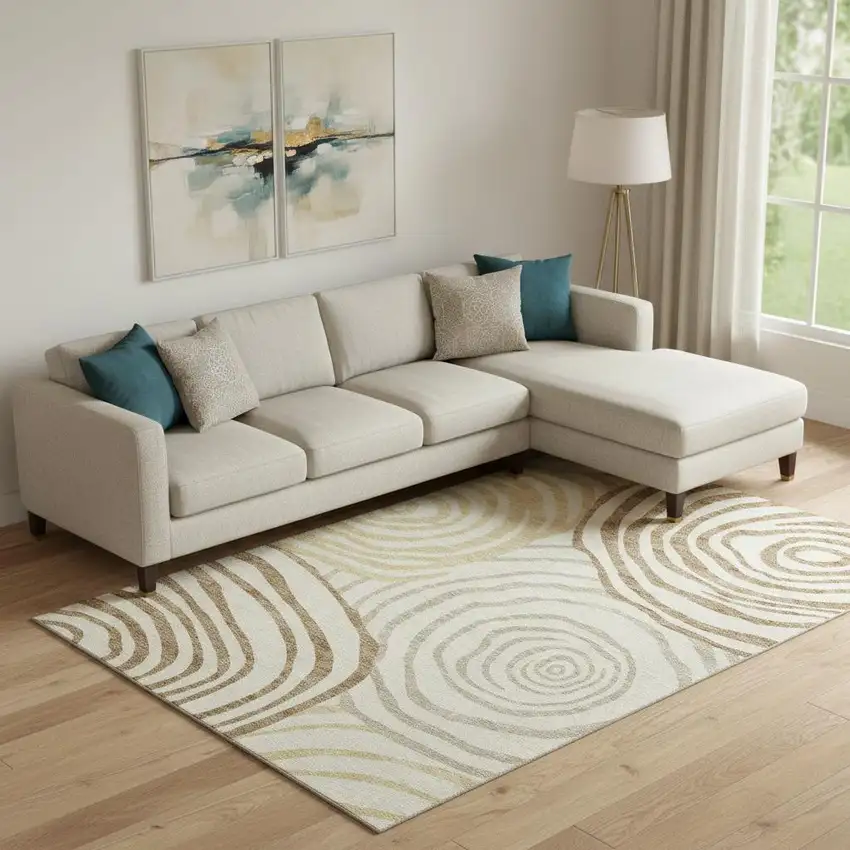 Gold Ivory And Brown Abstract Washable Area Rug With UV Protection Photo 1