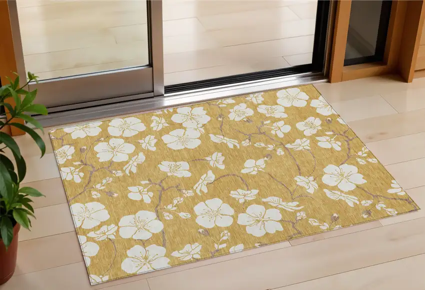 Gold Ivory And Brown Floral Washable Indoor Outdoor Area Rug Photo 1