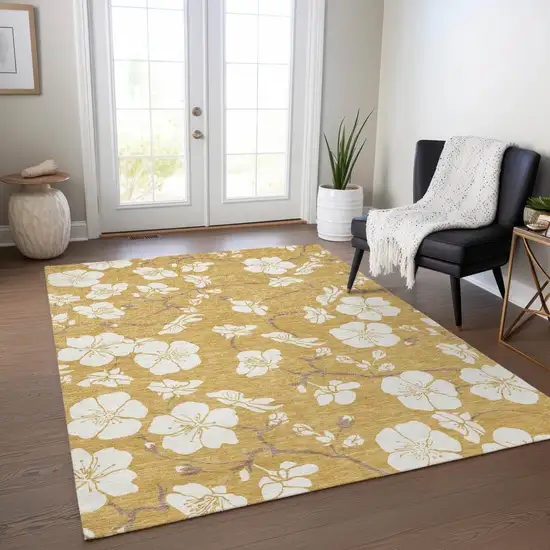 Gold Ivory And Brown Floral Washable Indoor Outdoor Area Rug Photo 9