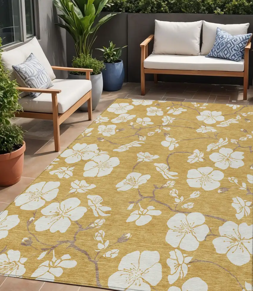Gold Ivory And Brown Floral Washable Indoor Outdoor Area Rug Photo 1