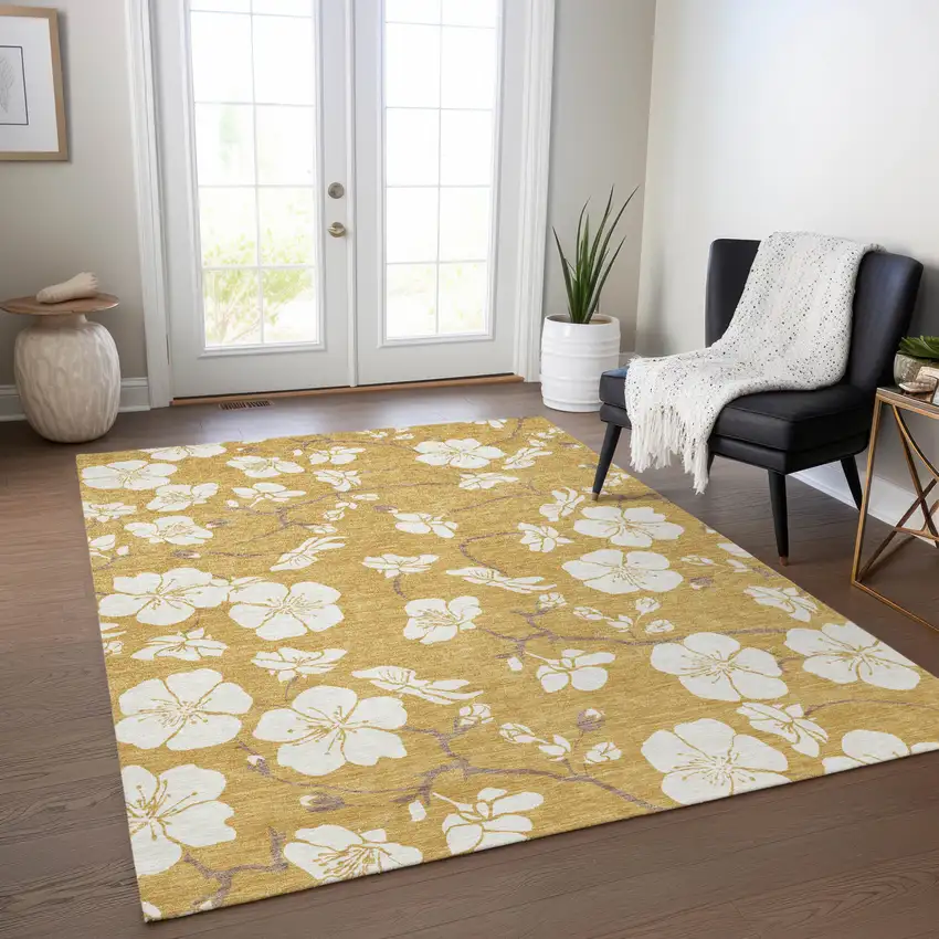 Gold Ivory And Brown Floral Washable Indoor Outdoor Area Rug Photo 9