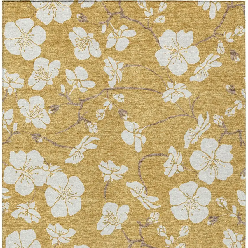 Gold Ivory And Brown Floral Washable Indoor Outdoor Area Rug Photo 7