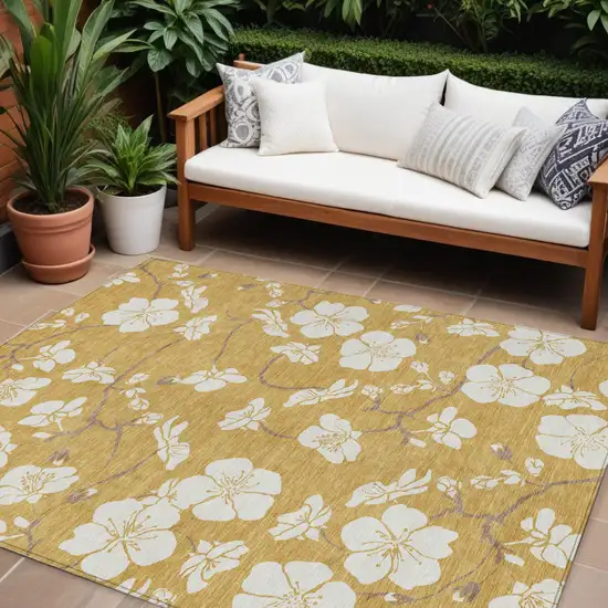 Gold Ivory And Brown Floral Washable Indoor Outdoor Area Rug Photo 1