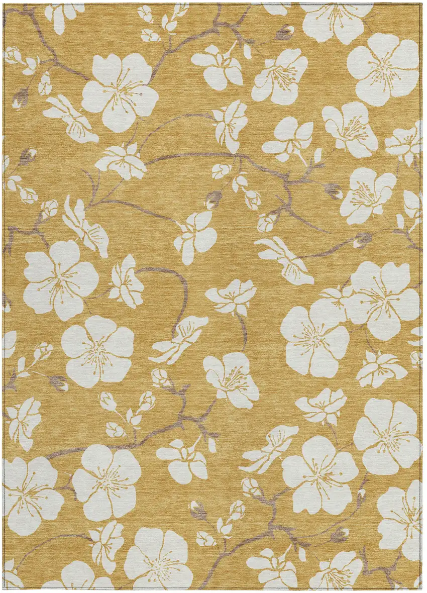 Gold Ivory And Brown Floral Washable Indoor Outdoor Area Rug Photo 8
