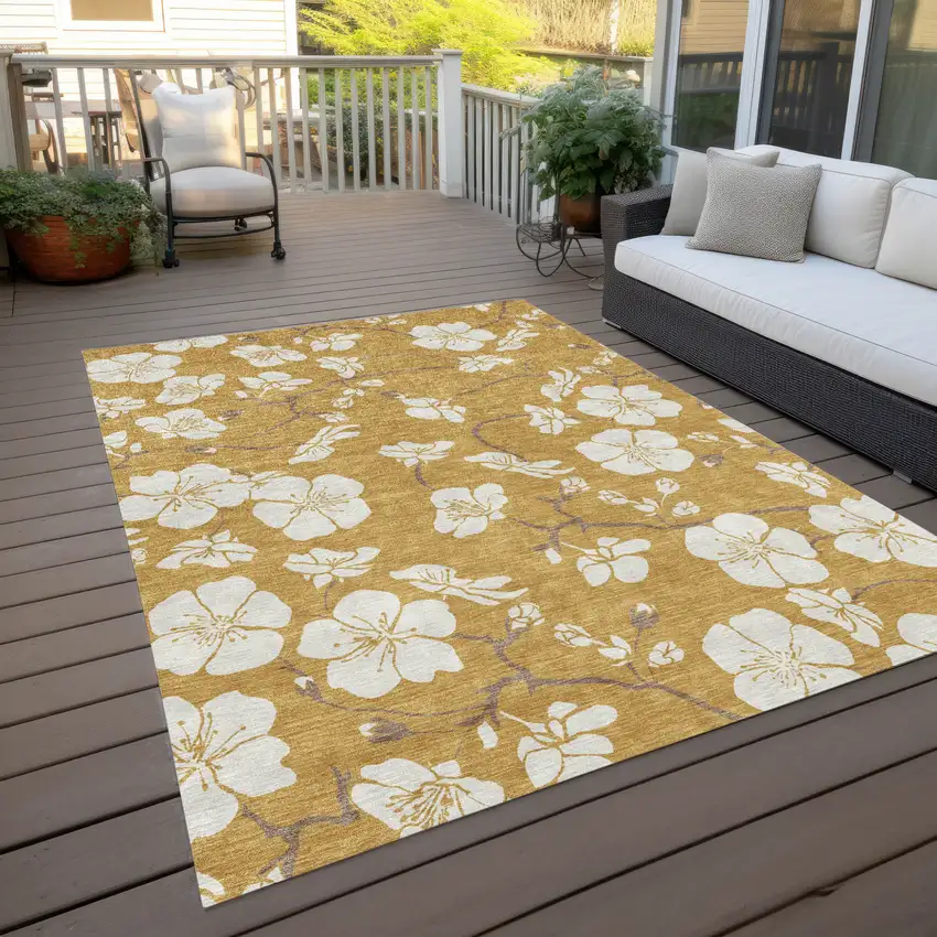 Gold Ivory And Brown Floral Washable Indoor Outdoor Area Rug Photo 8