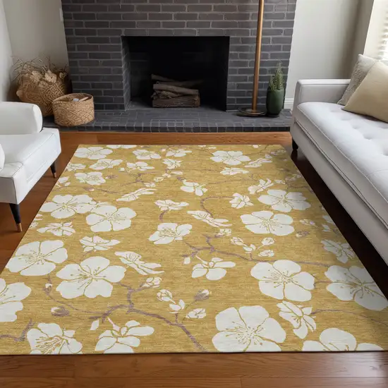 Gold Ivory And Brown Floral Washable Indoor Outdoor Area Rug Photo 9
