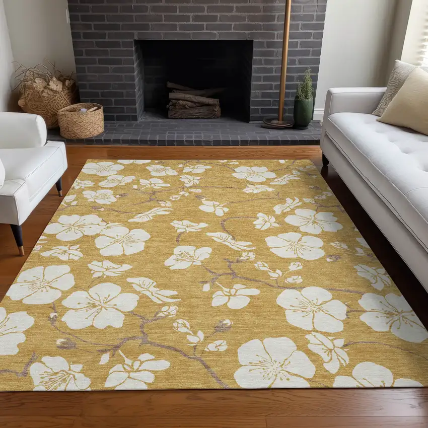 Gold Ivory And Brown Floral Washable Indoor Outdoor Area Rug Photo 9
