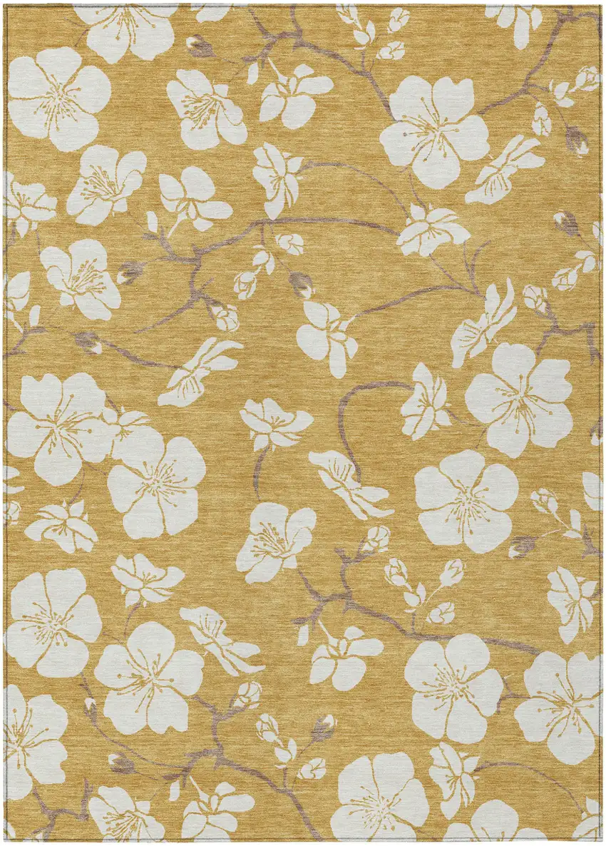 Gold Ivory And Brown Floral Washable Indoor Outdoor Area Rug Photo 2