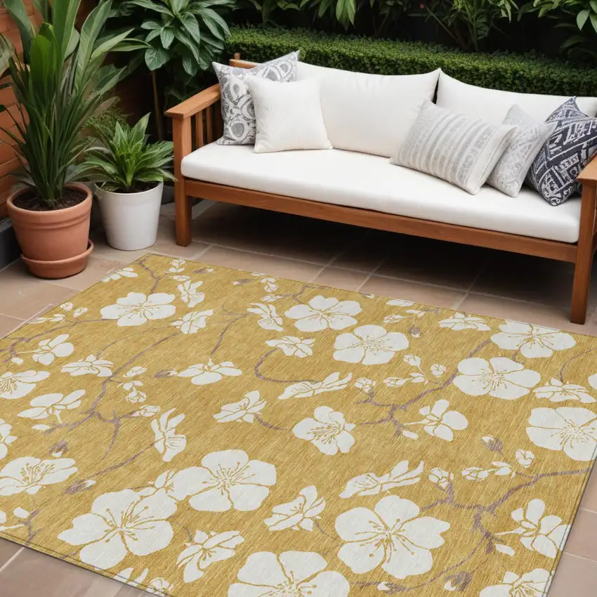 Gold Ivory And Brown Floral Washable Indoor Outdoor Area Rug Photo 1