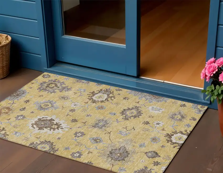 Gold Ivory And Brown Floral Washable Indoor Outdoor Area Rug Photo 1