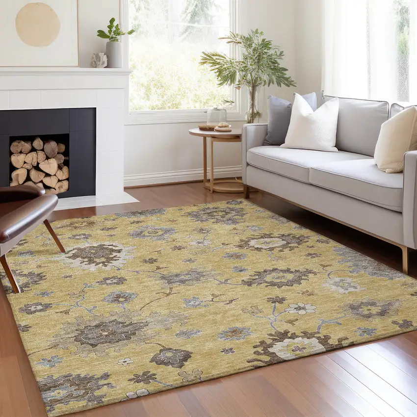 Gold Ivory And Brown Floral Washable Indoor Outdoor Area Rug Photo 8