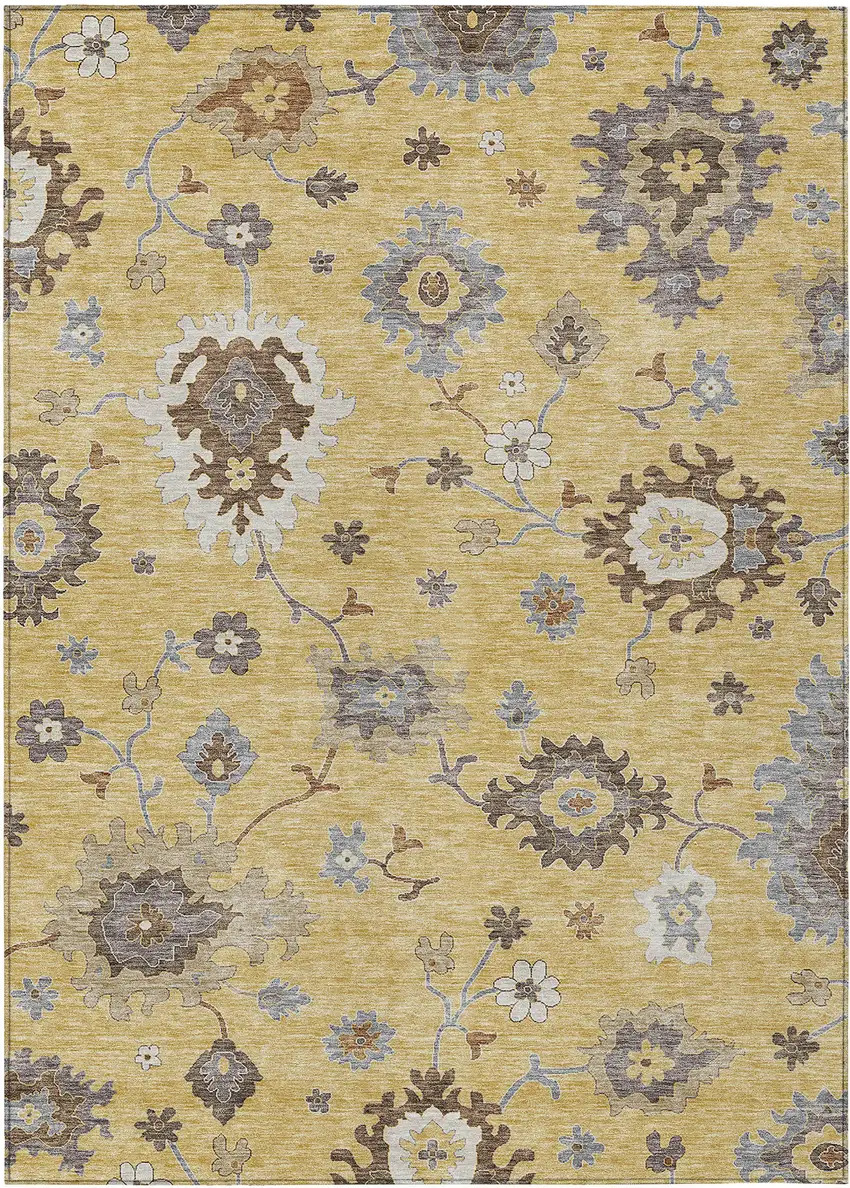 Gold Ivory And Brown Floral Washable Indoor Outdoor Area Rug Photo 1