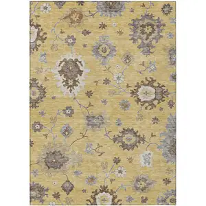 Photo of Gold Ivory And Brown Floral Washable Indoor Outdoor Area Rug