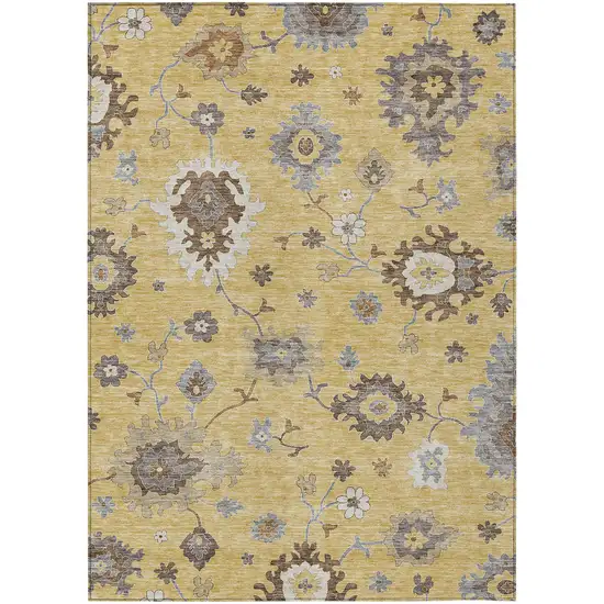 Gold Ivory And Brown Floral Washable Indoor Outdoor Area Rug Photo 1
