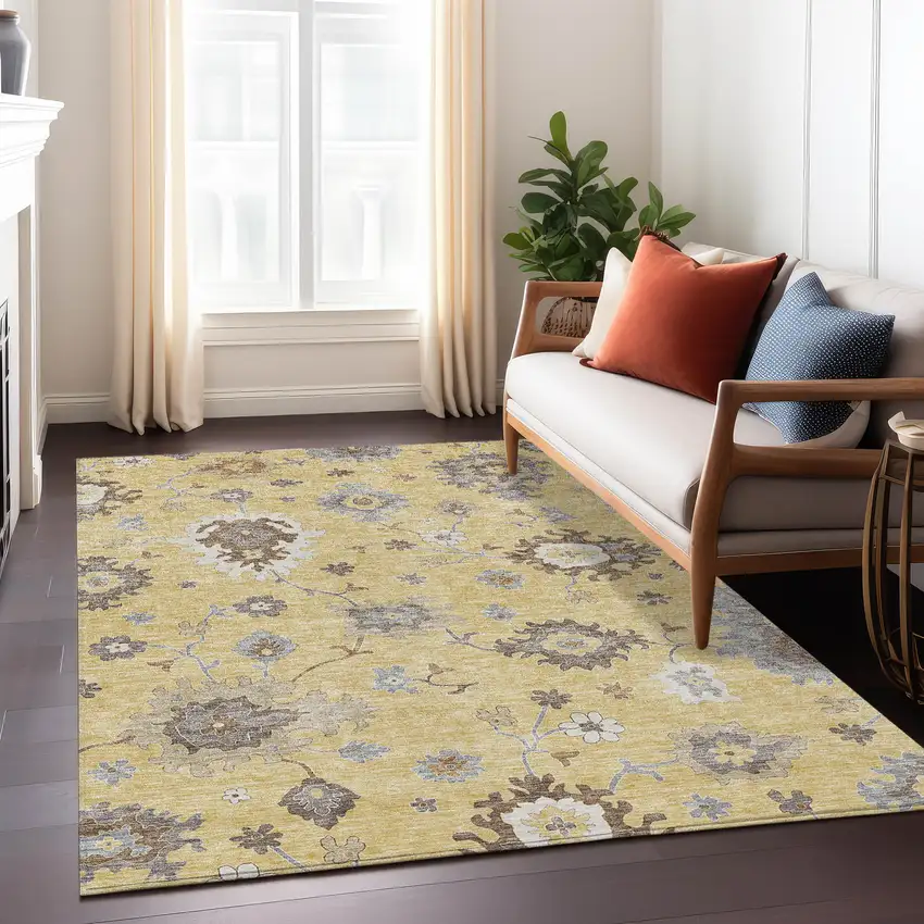 Gold Ivory And Brown Floral Washable Indoor Outdoor Area Rug Photo 9