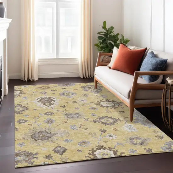 Gold Ivory And Brown Floral Washable Indoor Outdoor Area Rug Photo 9