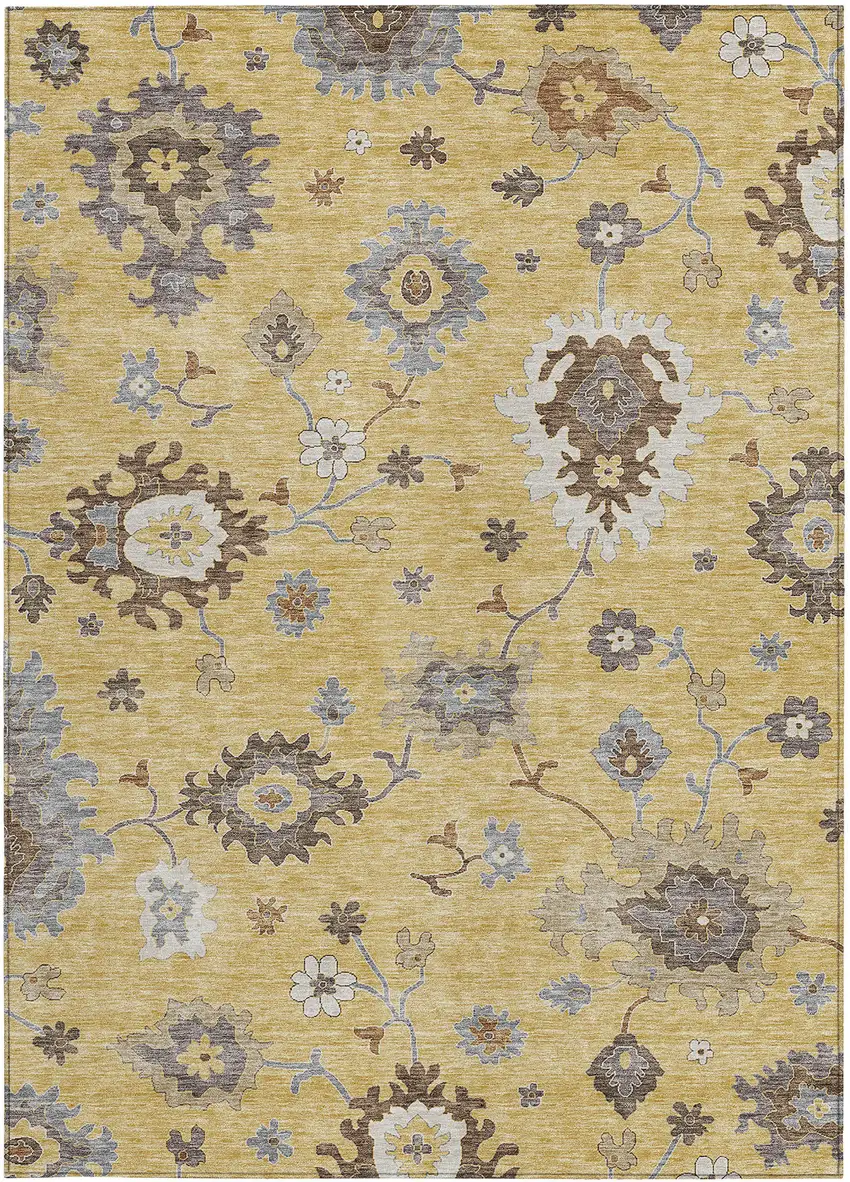 Gold Ivory And Brown Floral Washable Indoor Outdoor Area Rug Photo 6