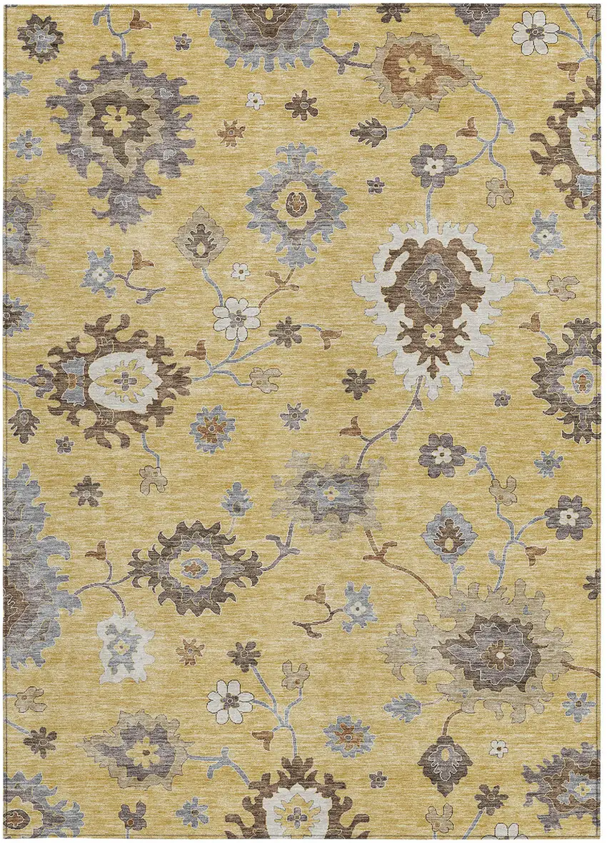 Gold Ivory And Brown Floral Washable Indoor Outdoor Area Rug Photo 6