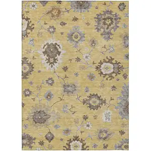 Photo of Gold Ivory And Brown Floral Washable Indoor Outdoor Area Rug