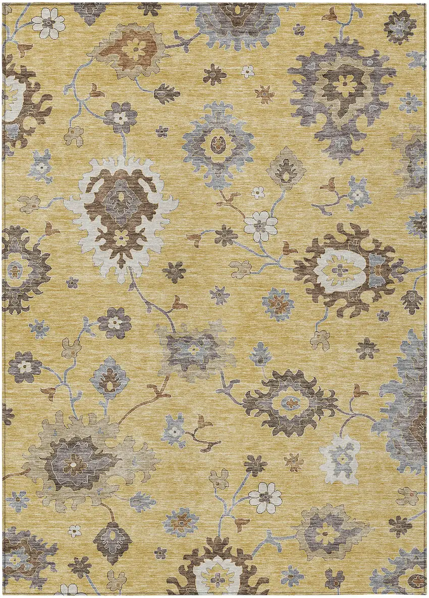 Gold Ivory And Brown Floral Washable Indoor Outdoor Area Rug Photo 1