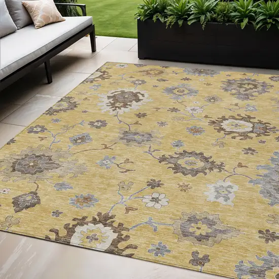 Gold Ivory And Brown Floral Washable Indoor Outdoor Area Rug Photo 1