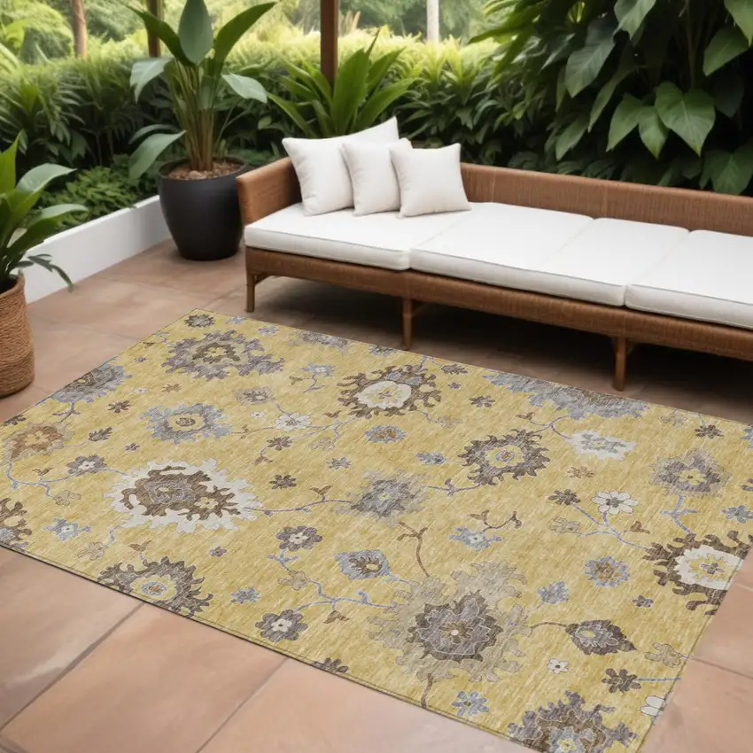 Gold Ivory And Brown Floral Washable Indoor Outdoor Area Rug Photo 1